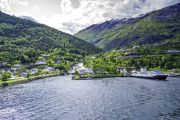 Aerial view of Hellesylt on a sunny day, Stranda Municipality, Norway, Scandinavia, Europe