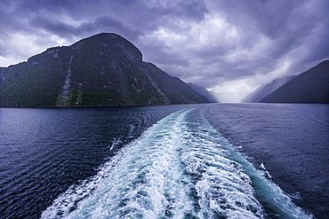 View of Sunnylvsfjorden from cruise ship on a cloudy day, Stranda Municipality, Norway, Scandinavia, Europe