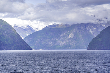 View of Sunnylvsfjorden from cruise ship on a cloudy day, Stranda Municipality, Norway, Scandinavia, Europe