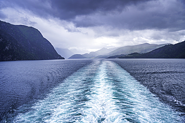 View of Sunnylvsfjorden from cruise ship on a cloudy day, Stranda Municipality, Norway, Scandinavia, Europe