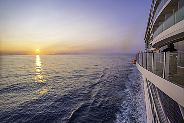 View of sunset from cruise ship in the North Sea near Norway, Norway, Scandinavia, Europe