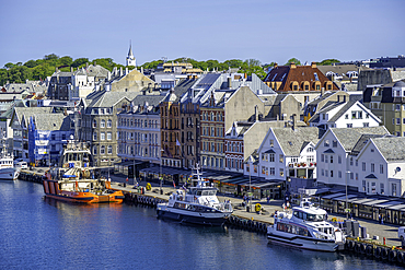 View of waterside architecture in Haugesund from Risøy Bridge on a sunny day, Haugesund, Rogaland County, Norway, Scandinavia, Europe
