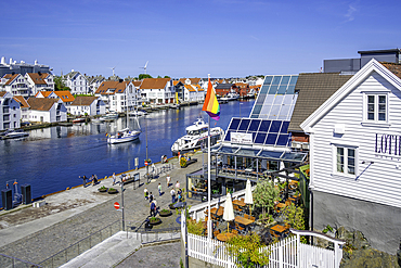 View of waterside restaurant in Haugesund from Risøy Bridge on a sunny day, Haugesund, Rogaland County, Norway, Scandinavia, Europe
