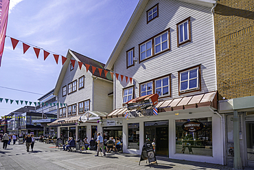 View of shops on Haraldsgata street on a sunny day, Haugesund, Rogaland County, Norway, Scandinavia, Europe
