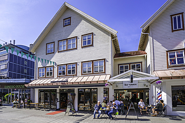 View of shops on Haraldsgata street on a sunny day, Haugesund, Rogaland County, Norway, Scandinavia, Europe