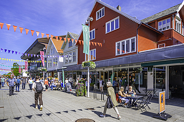 View of shops on Haraldsgata street on a sunny day, Haugesund, Rogaland County, Norway, Scandinavia, Europe