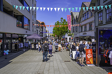 View of shops on Haraldsgata street on a sunny day, Haugesund, Rogaland County, Norway, Scandinavia, Europe
