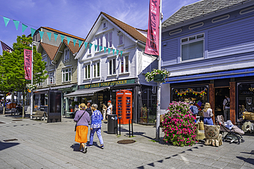 View of shops on Haraldsgata street on a sunny day, Haugesund, Rogaland County, Norway, Scandinavia, Europe