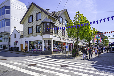 View of shops on Haraldsgata street on a sunny day, Haugesund, Rogaland County, Norway, Scandinavia, Europe
