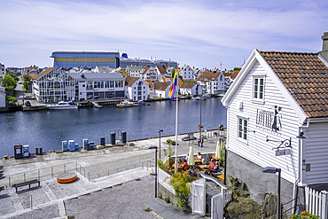 View of waterside restaurant in Haugesund from Risøy Bridge on a sunny day, Haugesund, Rogaland County, Norway, Scandinavia, Europe