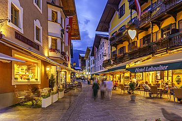 View of hotels in Zell am See at dusk, Zell am See, Salzburg, Austria, Europe