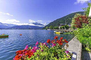 View of Lake Zell in Zell am See on a sunny day, Zell am See, Salzburg, Austria, Europe