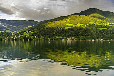 View of mountains and Lake Zell during golden hour, Zell am See, Salzburg, Austria, Europe