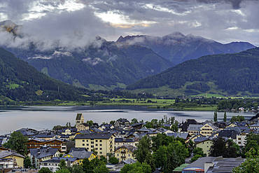 Elevated view of Zell am See and Lake Zell during golden hour, Zell am See, Salzburg, Austria, Europe