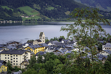 Elevated view of Zell am See and Lake Zell during golden hour, Zell am See, Salzburg, Austria, Europe