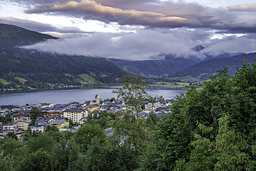 Elevated view of Zell am See and Lake Zell during golden hour, Zell am See, Salzburg, Austria, Europe