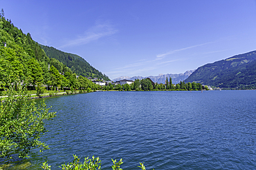 View of Lake Zell in Zell am See on a sunny day, Zell am See, Salzburg, Austria, Europe
