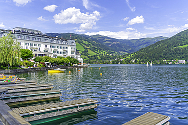 View of the Grand Hotel and Lake Zell on a sunny day, Zell am See, Salzburg, Austria, Europe
