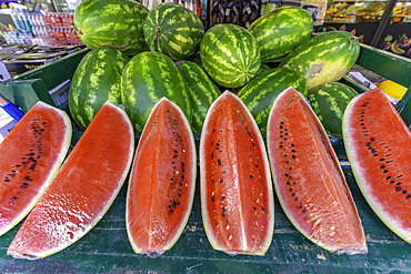View of melon stall in Zell am See on a sunny day, Zell am See, Salzburg, Austria, Europe