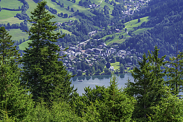 View of Thumersbach from Plettsaukopf Reservoir on a sunny day, Bruckberg, Salzburg, Austria, Europe