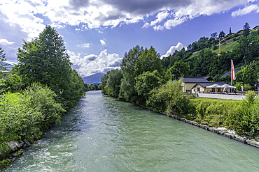 View of Salzach River in Mittersill on a sunny day, Salzburg, Austria, Europe