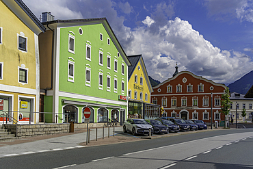 View of colourful buildings in Stadtplatz Mittersill on a sunny day, Salzburg, Austria, Europe