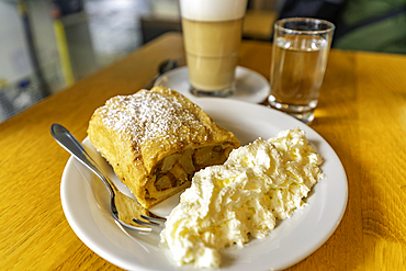 View of apple strudel at Krimml Waterfalls during summer, Krimml Waterfalls, Hohe Tauern National Park, Salzburger Land, Austria, Europe