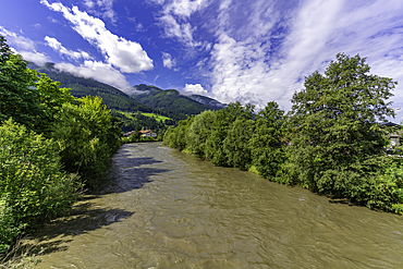 View of Salzach River in Niedernsill on a sunny day, Niedernsill, Zell am See district, Salzburger Land, Austria, Europe