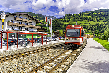 View of local train in Niedernsill on a sunny day, Niedernsill, Zell am See district, Salzburger Land, Austria, Europe