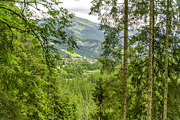 View of Oberkrimml from Krimml Waterfalls during summer, Krimml Waterfalls, Hohe Tauern National Park, Salzburger Land, Austria, Europe