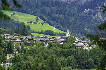View of Oberkrimml from Krimml Waterfalls during summer, Krimml Waterfalls, Hohe Tauern National Park, Salzburger Land, Austria, Europe