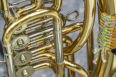 View of brass instrument in town centre during summer, Kaprun, Zell am See, Salzburg, Austria, Europe
