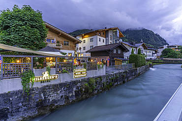 View of town and river in Kaprun at dusk during summer, Kaprun, Zell am See, Salzburg, Austria, Europe