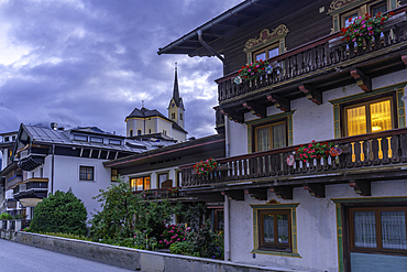 View of church and town in Kaprun at dusk during summer, Kaprun, Zell am See, Salzburg, Austria, Europe