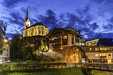 View of church in Kaprun at dusk during summer, Kaprun, Zell am See, Salzburg, Austria, Europe