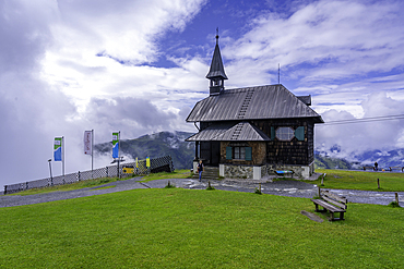 View of Elisabethkapelle chapel at Schmittenhöhebahn top station 2000m on a sunny day, Zell am See, Salzburg, Austria, Europe