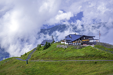 View of Hochzeller-Alm auf 1959m in the cloud at Schmittenhöhebahn top station 2000m, Zell am See, Salzburg, Austria, Europe