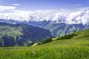 View of mountains and cloud from Schmittenhöhebahn top station 2000m on a sunny day, Zell am See, Salzburg, Austria, Europe