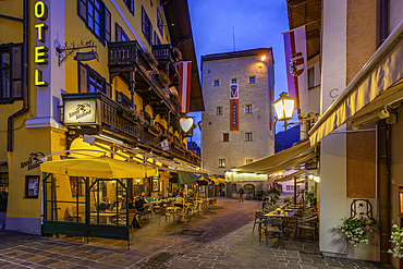 View of chalet hotel and museum in Zell am See at dusk, Zell am See, Salzburg, Austria, Europe