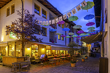 View of restaurant in Zell am See at dusk, Zell am See, Salzburg, Austria, Europe