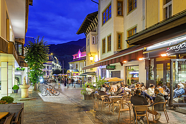 View of restaurant in Zell am See at dusk, Zell am See, Salzburg, Austria, Europe