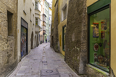 View of narrow street in the old town of Innsbruck on a sunny day in summer, Innsbruck, Tyrol Region, Austria, Europe