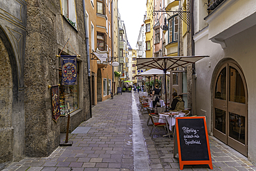 View of narrow street in the old town of Innsbruck on a sunny day in summer, Innsbruck, Tyrol Region, Austria, Europe