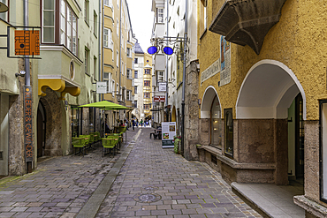 View of narrow street in the old town of Innsbruck on a sunny day in summer, Innsbruck, Tyrol Region, Austria, Europe