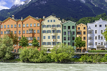 View of colourful buildings and River Inn on a sunny day in summer, Innsbruck, Tyrol Region, Austria, Europe