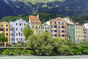View of colourful buildings and River Inn on a sunny day in summer, Innsbruck, Tyrol Region, Austria, Europe