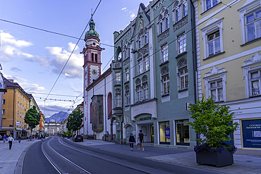 View of colourful buildings in old town Innsbruck at sunset in summer, Innsbruck, Tyrol Region, Austria, Europe