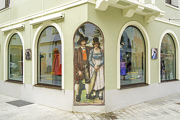 View of colourful artwork decoration on building in the old town during summer, Kitzbuhel, Austrian Tyrol, Austria, Europe