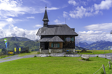 View of Elisabethkapelle chapel at Schmittenhöhebahn top station 2000m on a sunny day, Zell am See, Salzburg, Austria, Europe