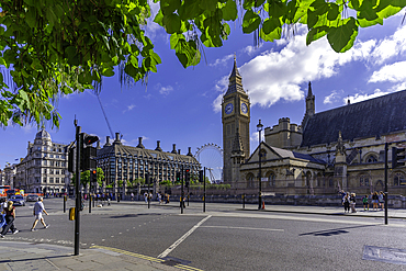 View of Big Ben clock tower in Parliament Square during summer, Westminster, London, England, United Kingdom, Europe